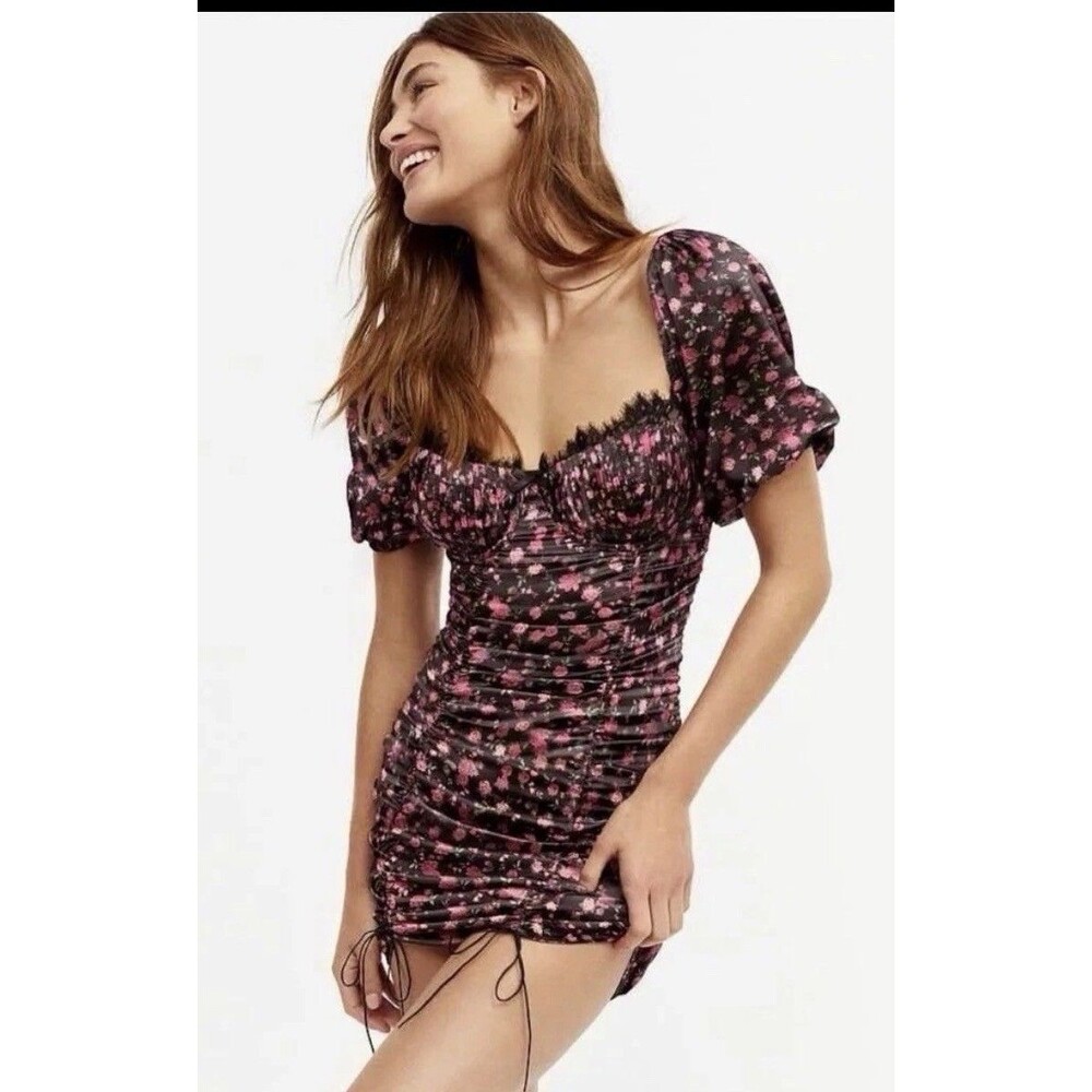 For Love & Lemons Melrose Ruched Puff Sleeve mini dress Size XS floral bustier